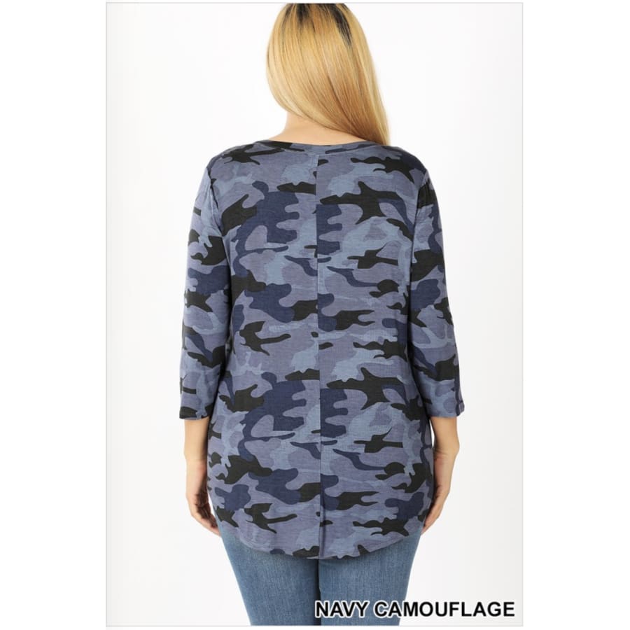 NEW! Camouflage Print 3/4 Sleeve Round Neck and Hem Top Tops