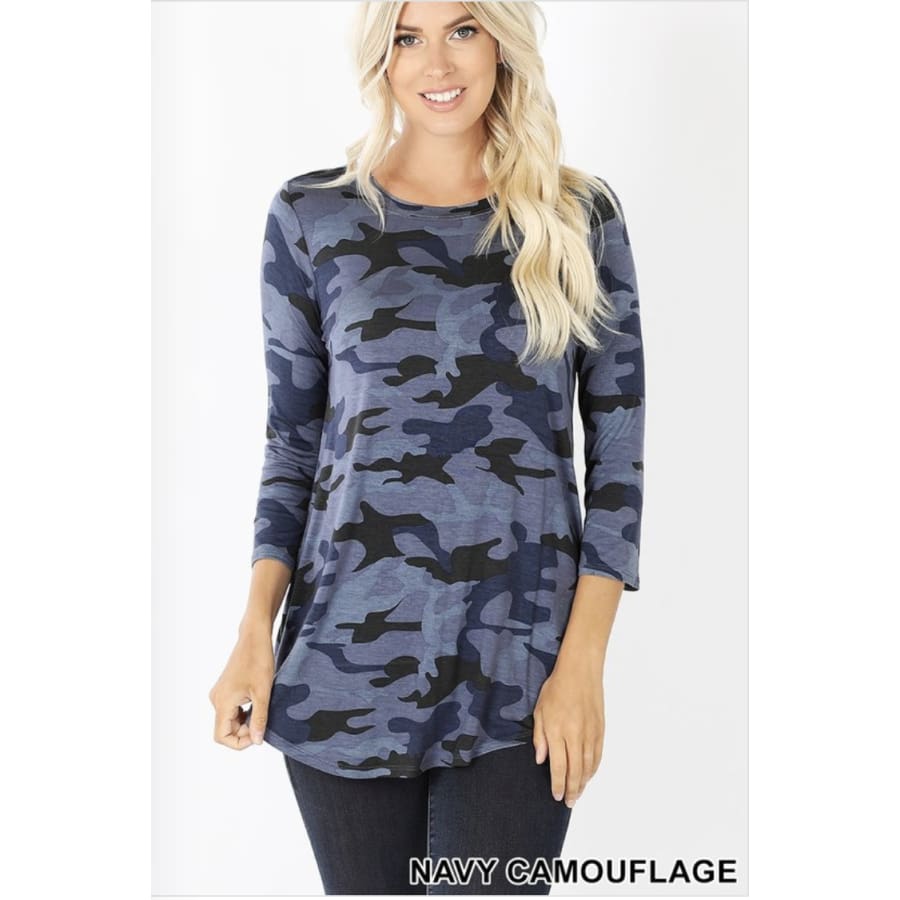 NEW! Camouflage Print 3/4 Sleeve Round Neck and Hem Top S / Navy Tops