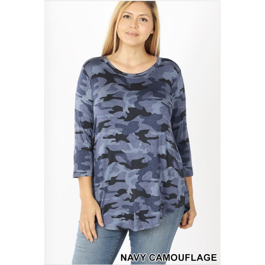 NEW! Camouflage Print 3/4 Sleeve Round Neck and Hem Top 1XL / Navy Tops