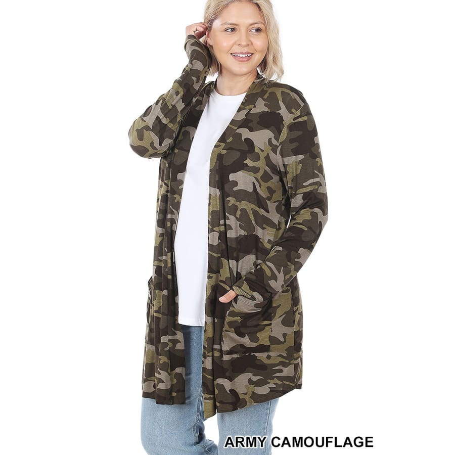 NEW!! Leopard and Camouflage Print Mid-Thigh Slouchy Pocket Open Cardigan Army Camouflage / 1XL Coverups