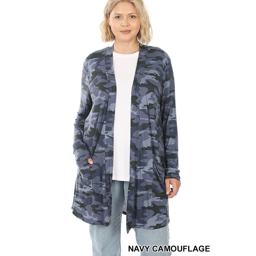 NEW!! Leopard and Camouflage Print Mid-Thigh Slouchy Pocket Open Cardigan Navy Camouflage / 1XL Coverups