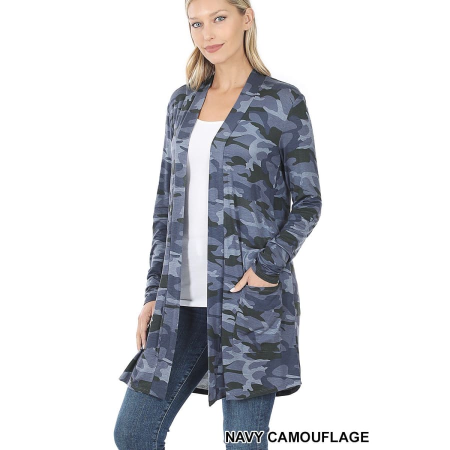 NEW!! Leopard and Camouflage Print Mid-Thigh Slouchy Pocket Open Cardigan Navy Camouflage / S Coverups