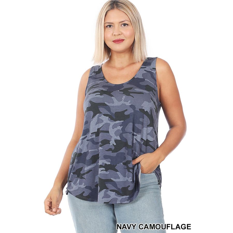 NEW! Camouflage Print Perfect Tank With Round Hem Navy Camouflage / 1XL Tops