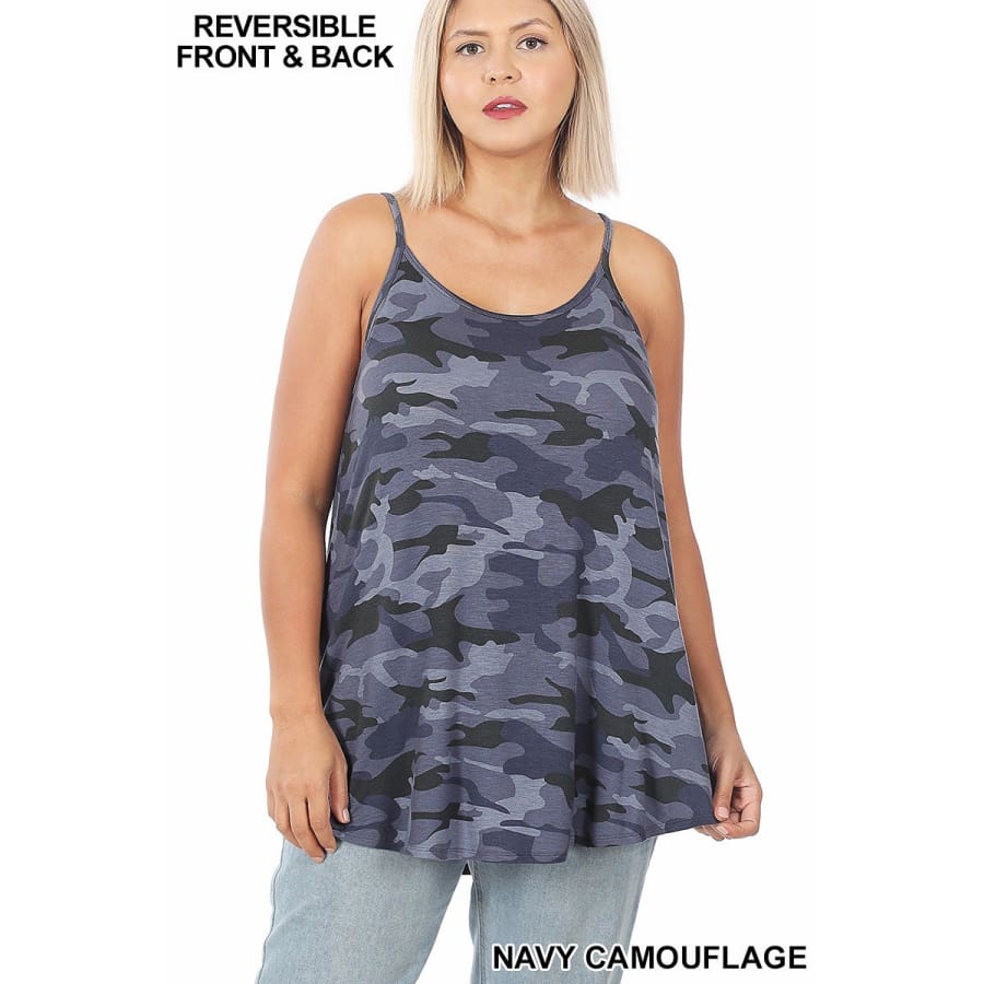 NEW! Camouflage and Leopard Print V-Neck/Scoop-Neck Reversible Camisole Navy Camouflage / 1XL Tops