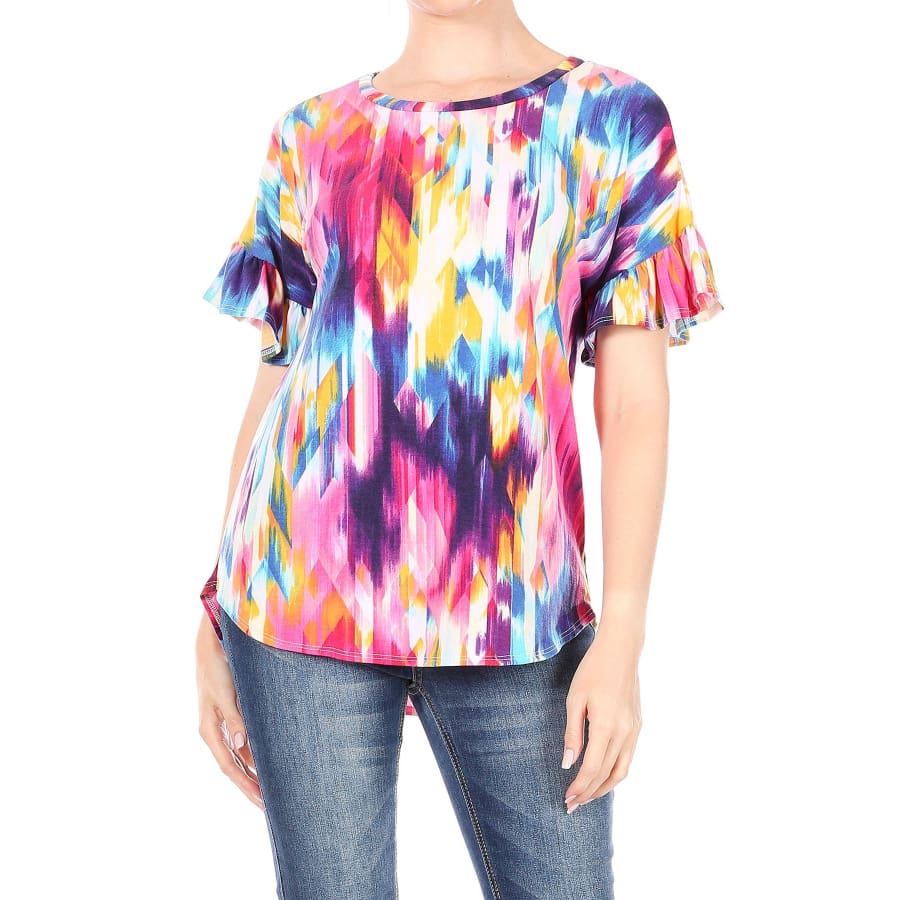 New! Colourful Short Sleeve Round Neck Top with Ruffled Sleeves Tops
