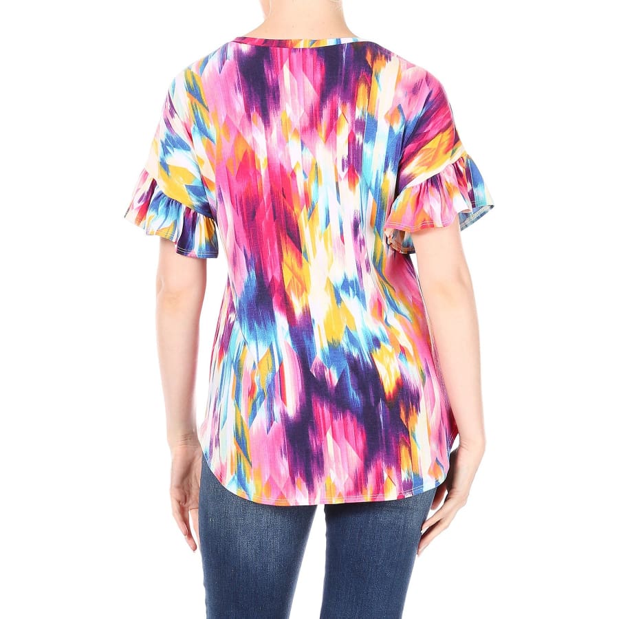 New! Colourful Short Sleeve Round Neck Top with Ruffled Sleeves Tops