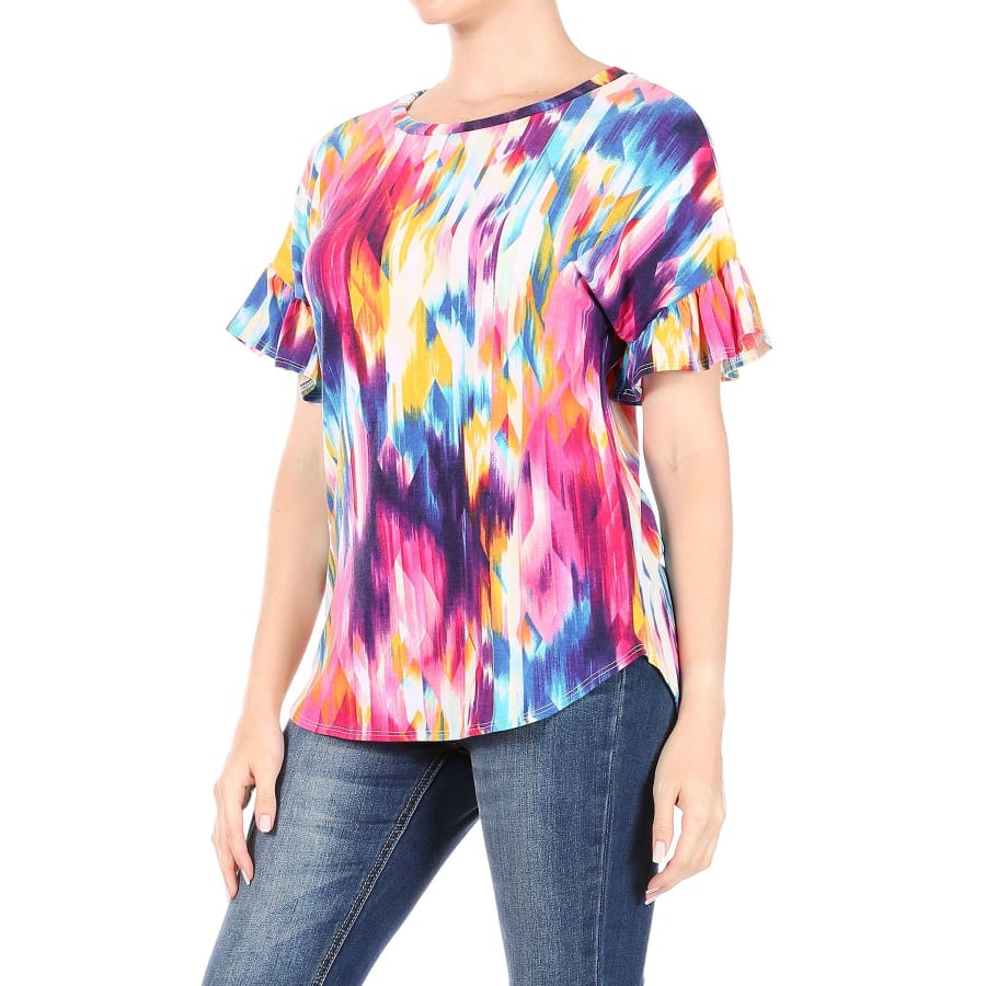 New! Colourful Short Sleeve Round Neck Top with Ruffled Sleeves XL Tops