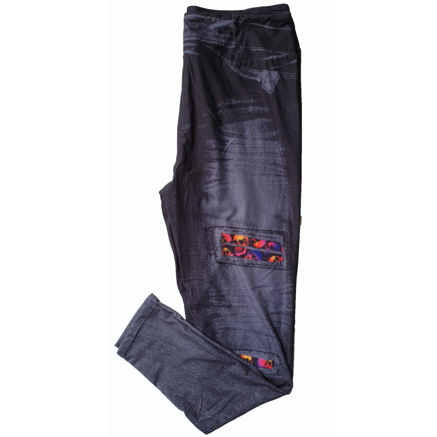 Custom Design Leggings with Pockets - Skull Peek A Boo Faux Denim Skull Peek A Boo Faux Denim / TC Leggings