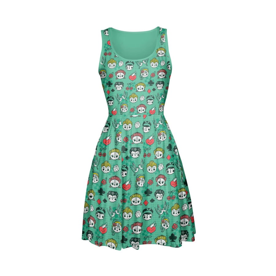 PREORDER Flowy Custom Design Tank Swing Dress with Pockets - Rockabilly Skulls - Closes 31 Jan - ETA late April S Dress