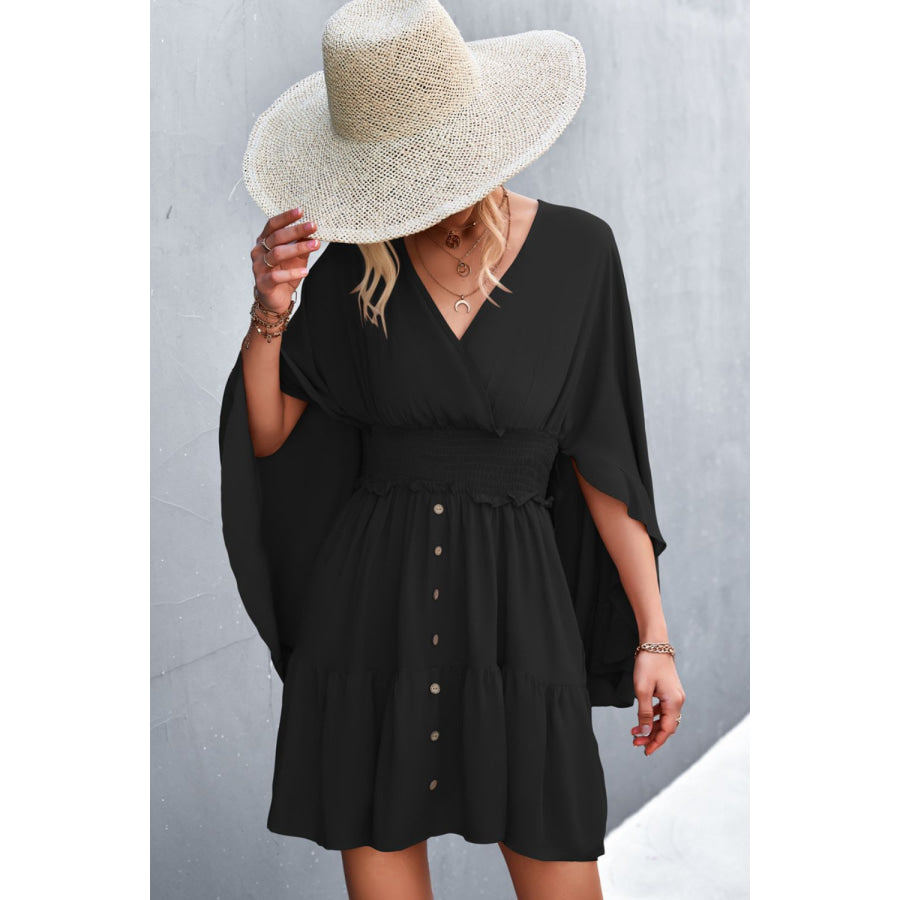 Decorative Button Smocked Waist Surplice Dress