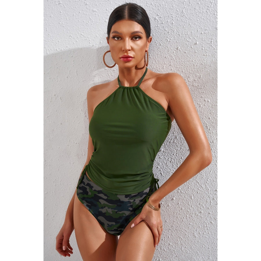 Drawstring Ruched Halter Neck Swim Top and Camouflage Bottoms Set Green / S