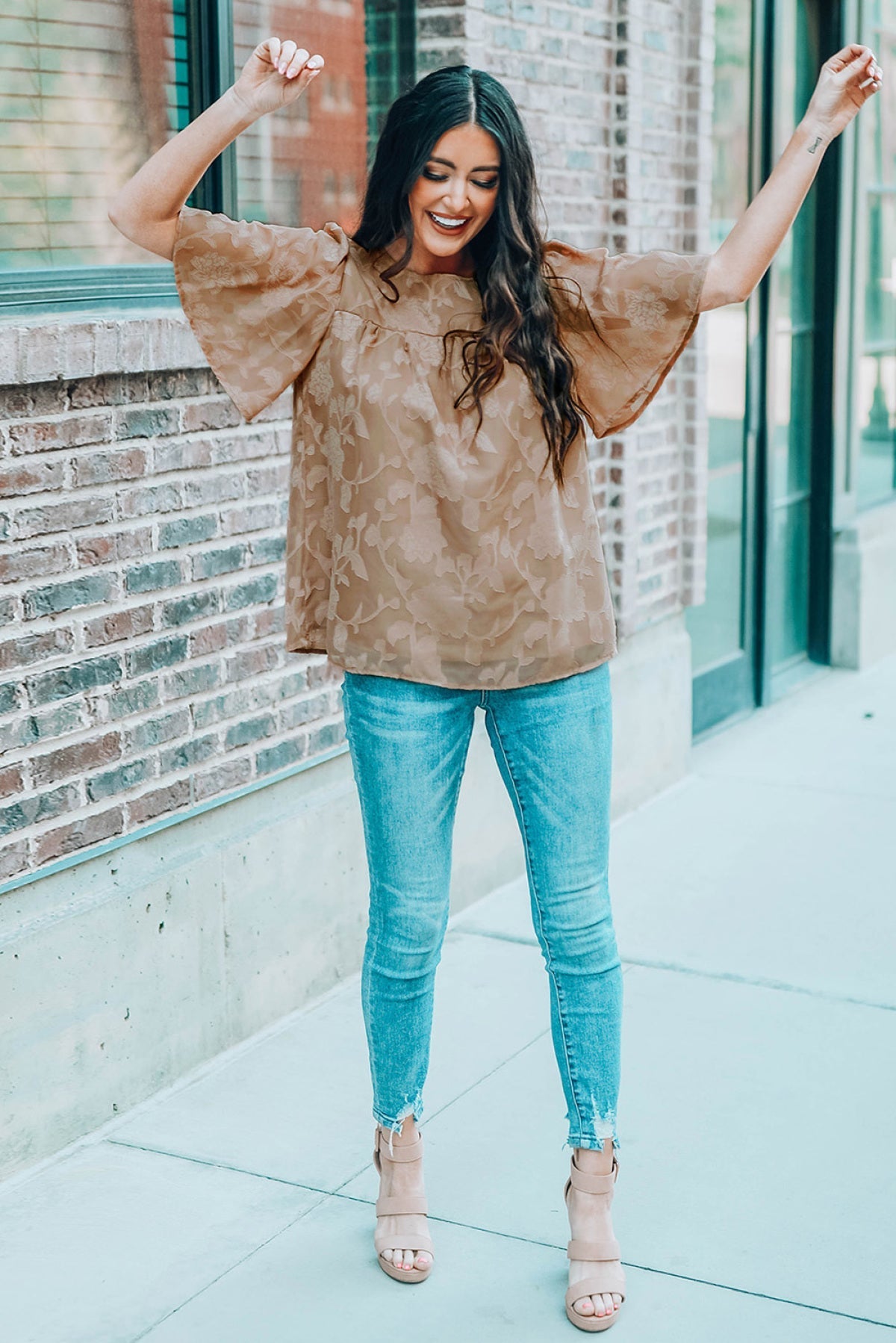 Green Floral Textured Ruffled Half Sleeve Babydoll Top