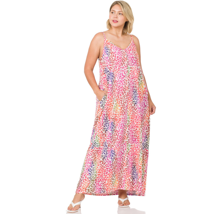 PREORDER! French Terry Rainbow Leopard V-Neck Cami Maxi Dress with Pockets - Bright Rainbow - ETA mid October 1XL Dresses
