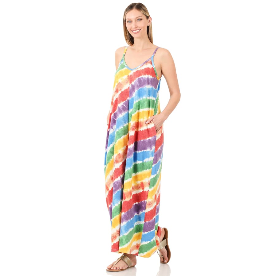 NEW! French Terry Tie Dye V-Neck Cami Maxi Dress with Pockets Dresses