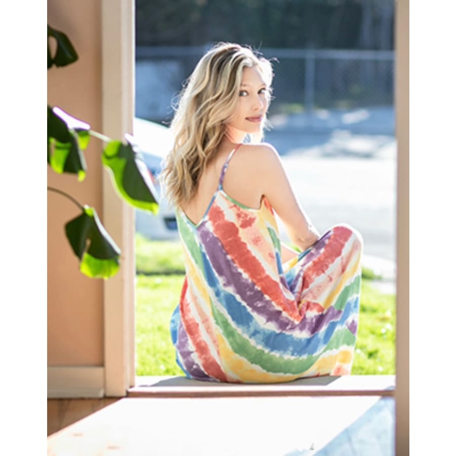 Sandee Rain Boutique - French Terry Tie Dye V-Neck Cami Maxi Dress with  Pockets - Rainbow Stripes - Sandee Rain Boutique