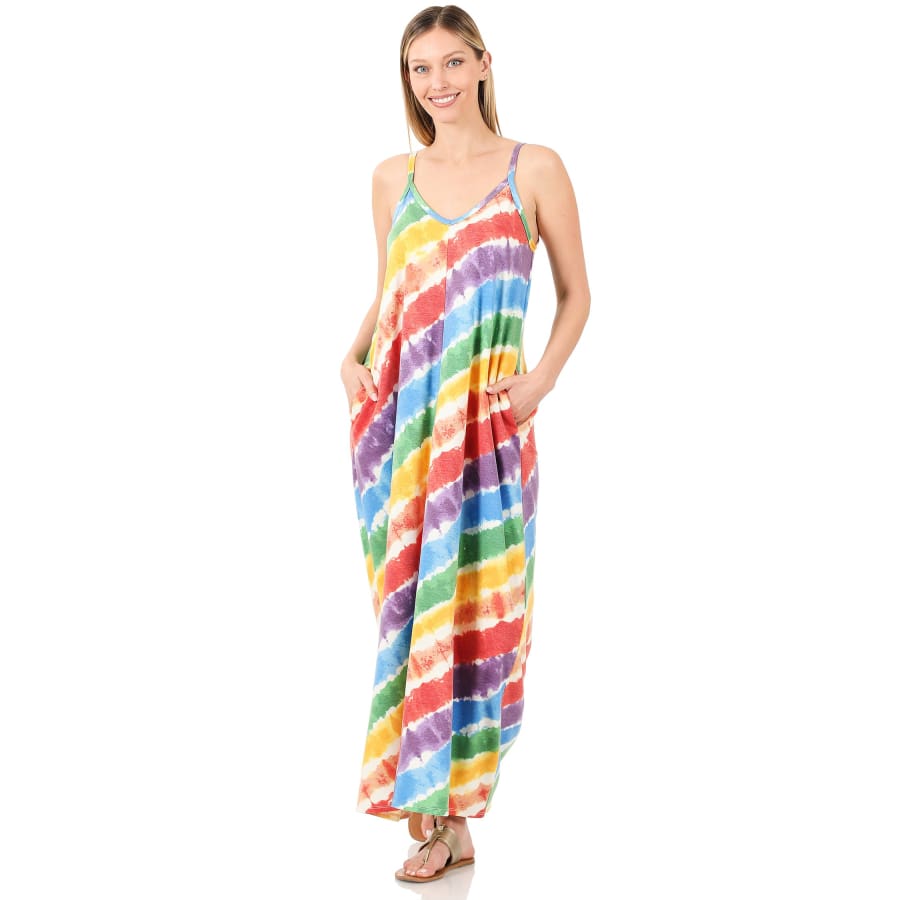 NEW! French Terry Tie Dye V-Neck Cami Maxi Dress with Pockets S / Rainbow Tie Dye Dresses