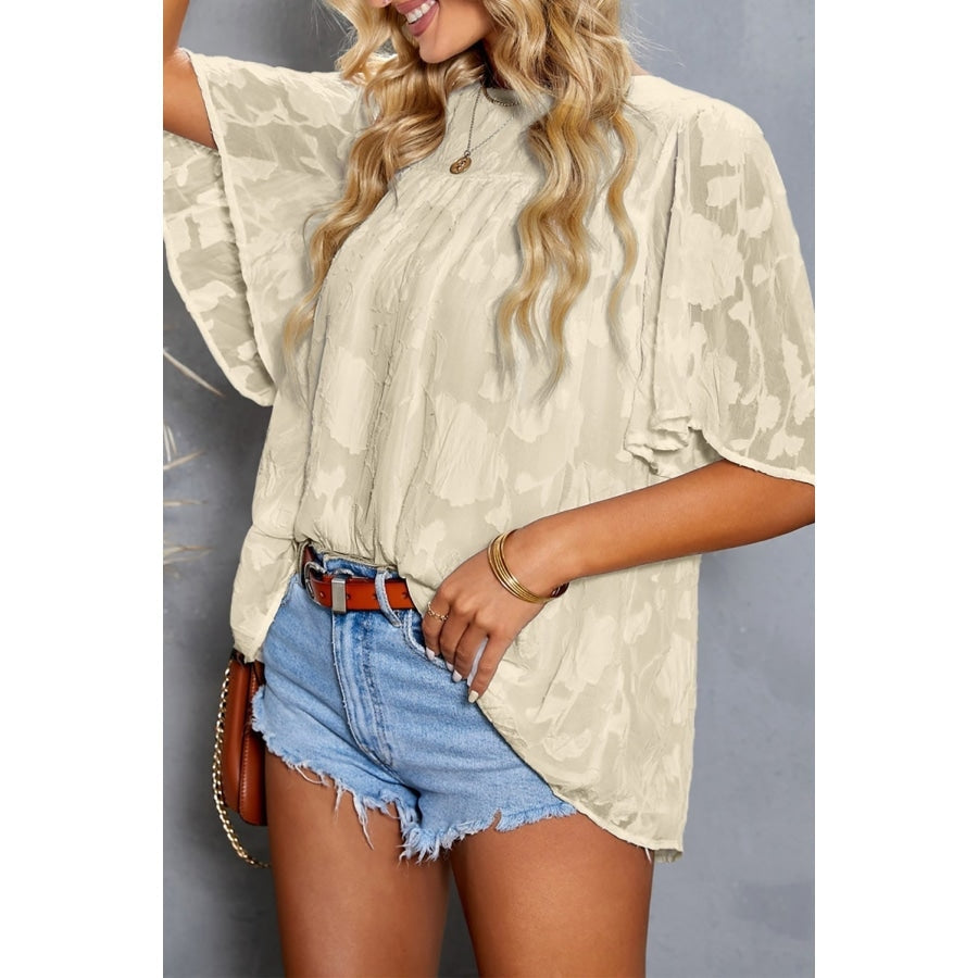 Green Floral Textured Ruffled Half Sleeve Babydoll Top Beige / S Blouses