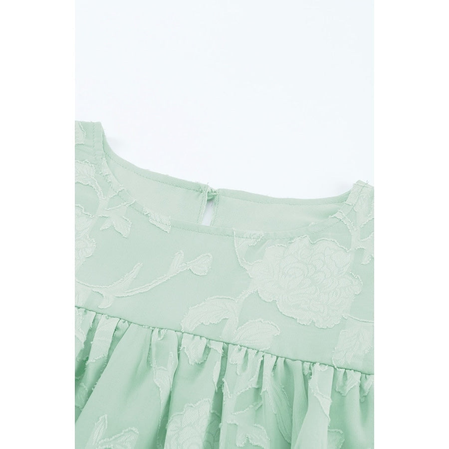 Green Floral Textured Ruffled Half Sleeve Babydoll Top Blouses