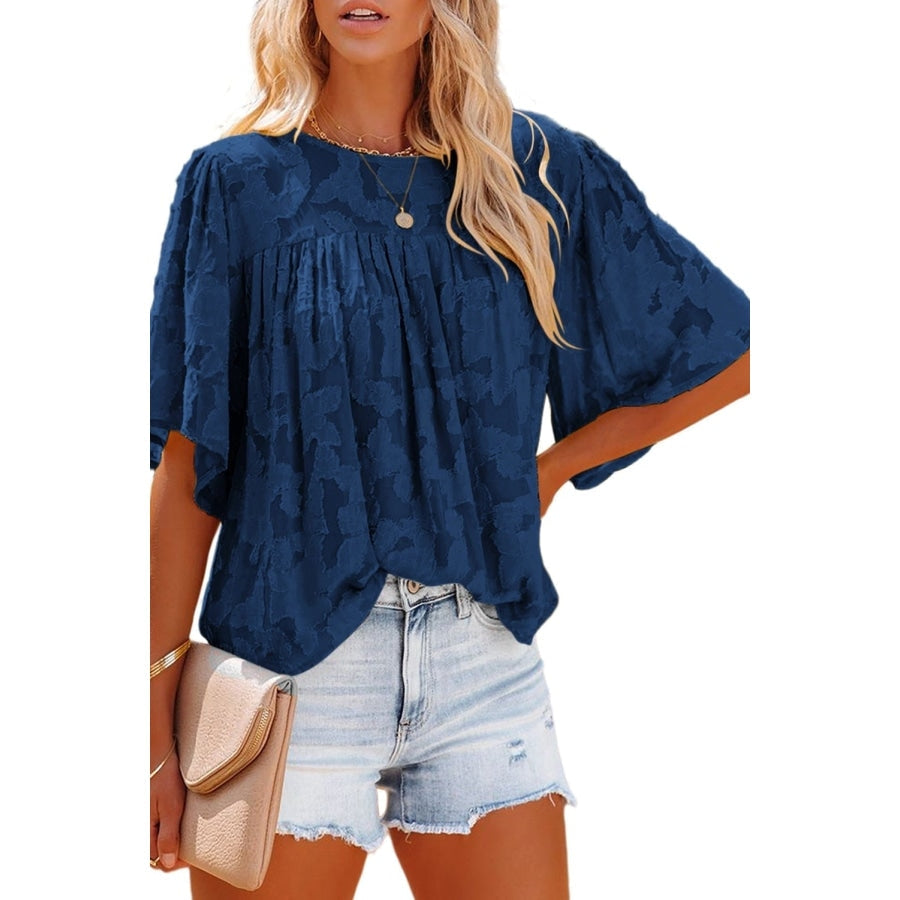 Green Floral Textured Ruffled Half Sleeve Babydoll Top Blouses