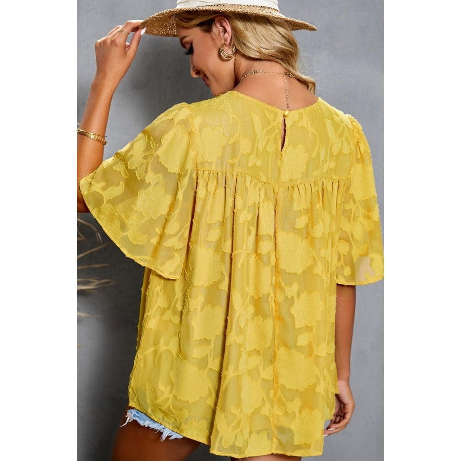 Green Floral Textured Ruffled Half Sleeve Babydoll Top Blouses