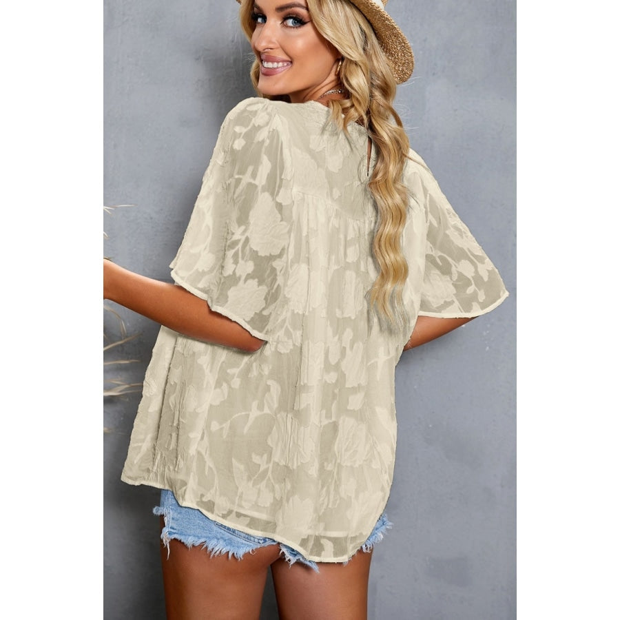 Green Floral Textured Ruffled Half Sleeve Babydoll Top Blouses