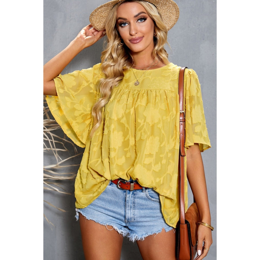 Green Floral Textured Ruffled Half Sleeve Babydoll Top Blouses