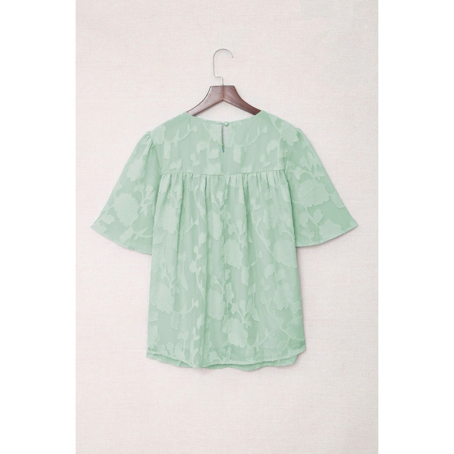 Green Floral Textured Ruffled Half Sleeve Babydoll Top Blouses