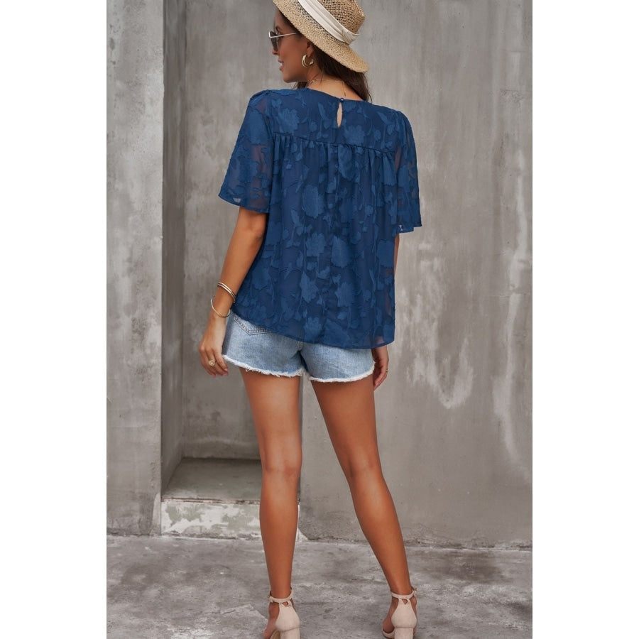 Green Floral Textured Ruffled Half Sleeve Babydoll Top Blouses