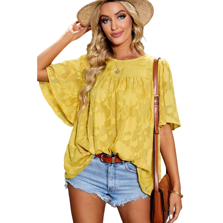 Green Floral Textured Ruffled Half Sleeve Babydoll Top Blouses