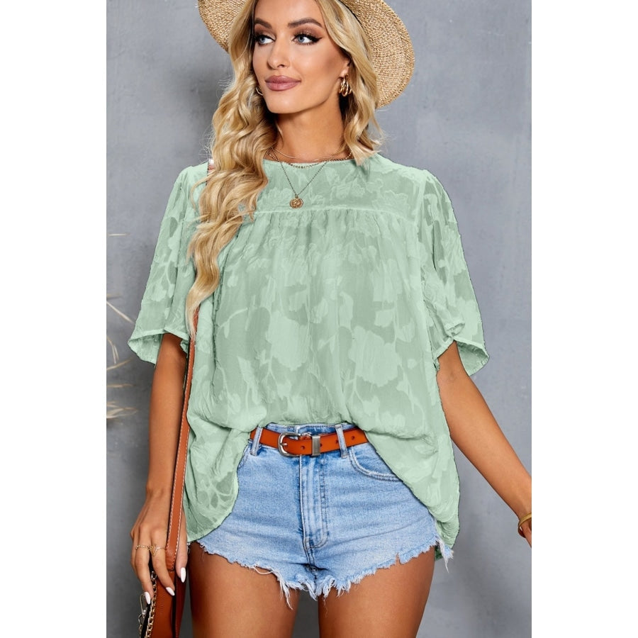 Green Floral Textured Ruffled Half Sleeve Babydoll Top Blouses