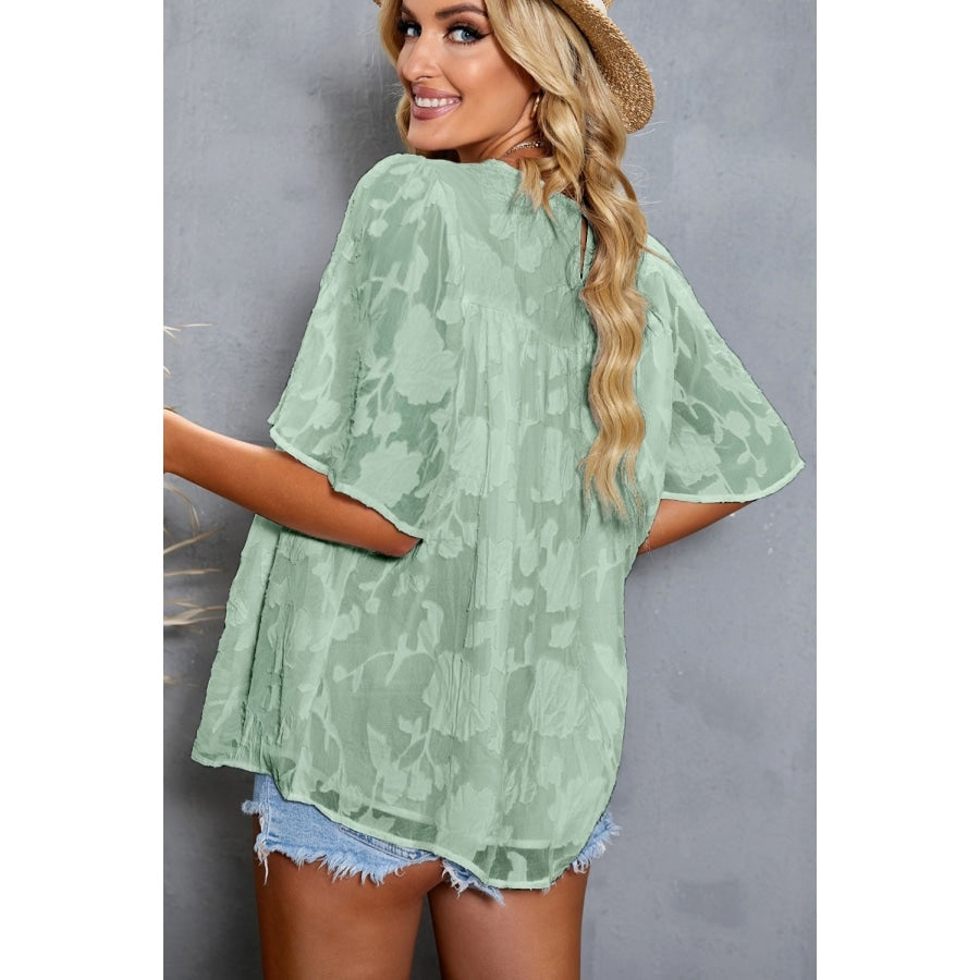 Green Floral Textured Ruffled Half Sleeve Babydoll Top Green / S Blouses