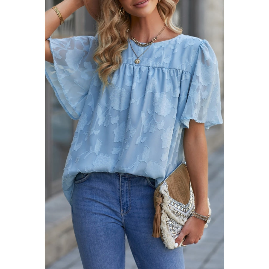 Green Floral Textured Ruffled Half Sleeve Babydoll Top Blue-1 / S Blouses