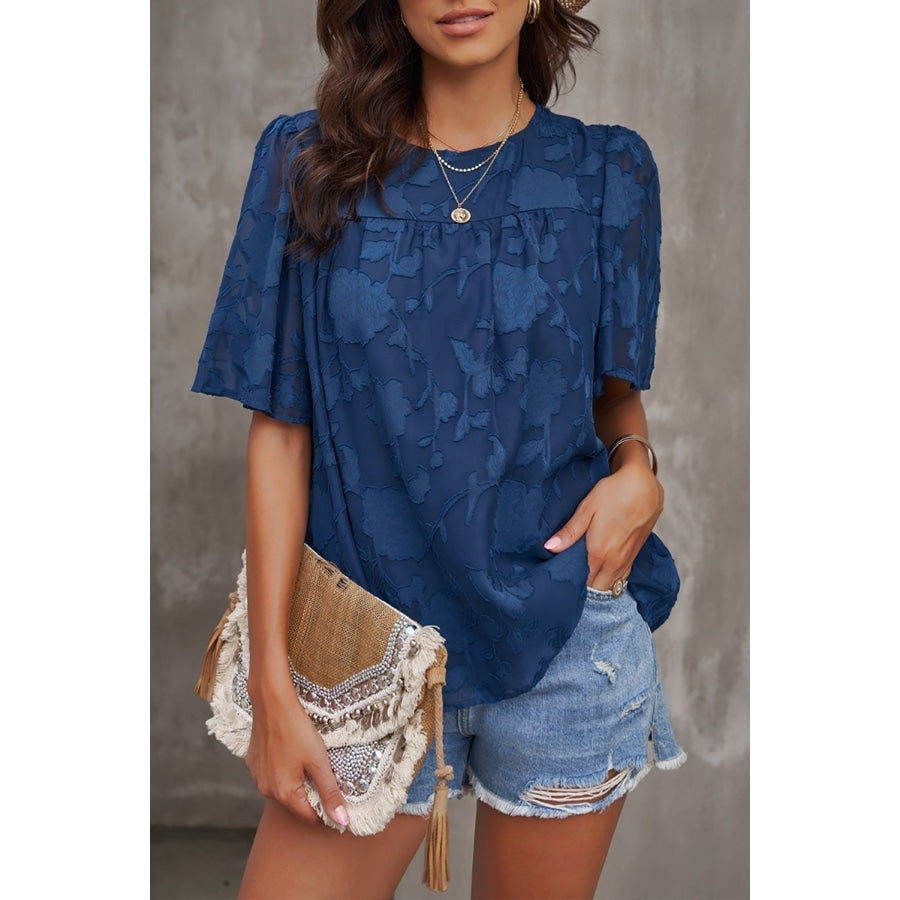 Green Floral Textured Ruffled Half Sleeve Babydoll Top Blue / S Blouses