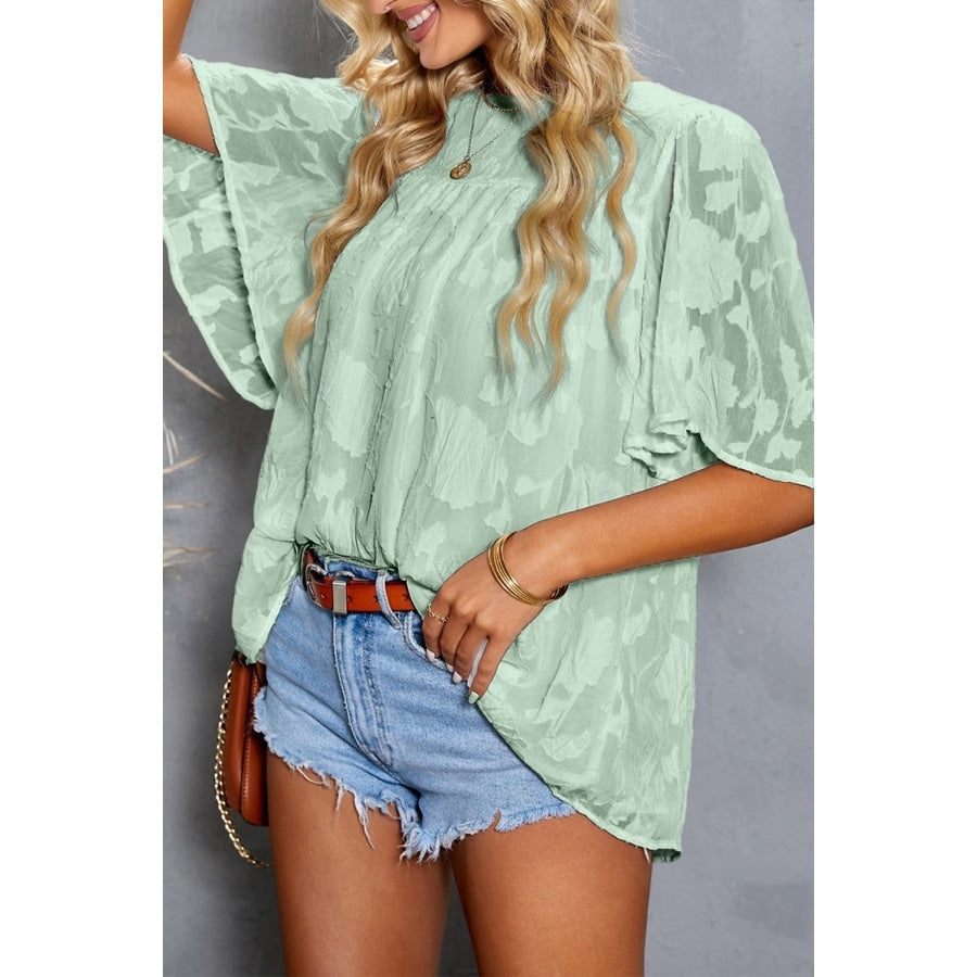 Green Floral Textured Ruffled Half Sleeve Babydoll Top Green / S Blouses