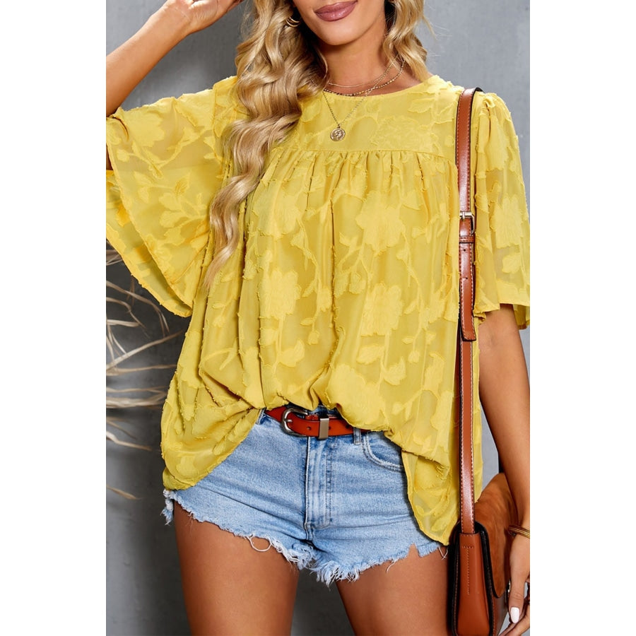 Green Floral Textured Ruffled Half Sleeve Babydoll Top Yellow / S Blouses