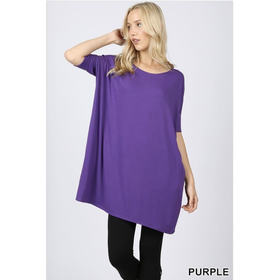 NEW! Half Sleeve Drop Shoulder Boxy Top with Pockets Purple / S Tops