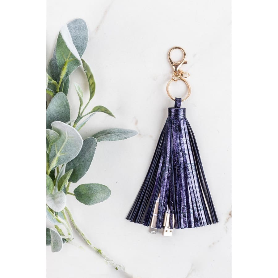 Hiss &amp; Hers Tassel Keychain with Phone Charging Cable Navy Snakeskin Earrings