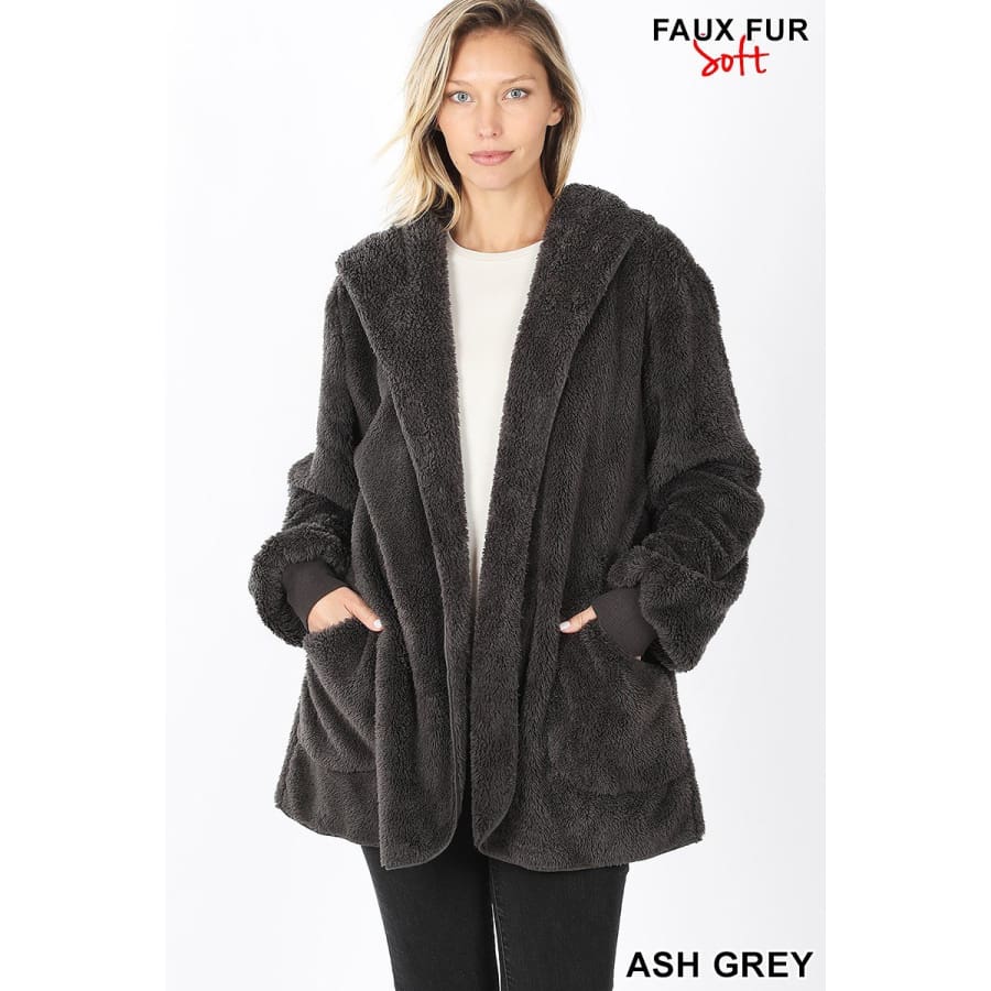 NEW! Hooded Faux Fur Jacket with Pockets Ash Grey / S Jacket