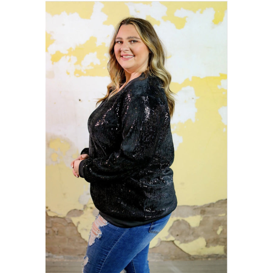 Coming Soon! Black Sequin V-Neck Balloon Sleeve Top (ETA 3-4 weeks) Black / 1XL Tops