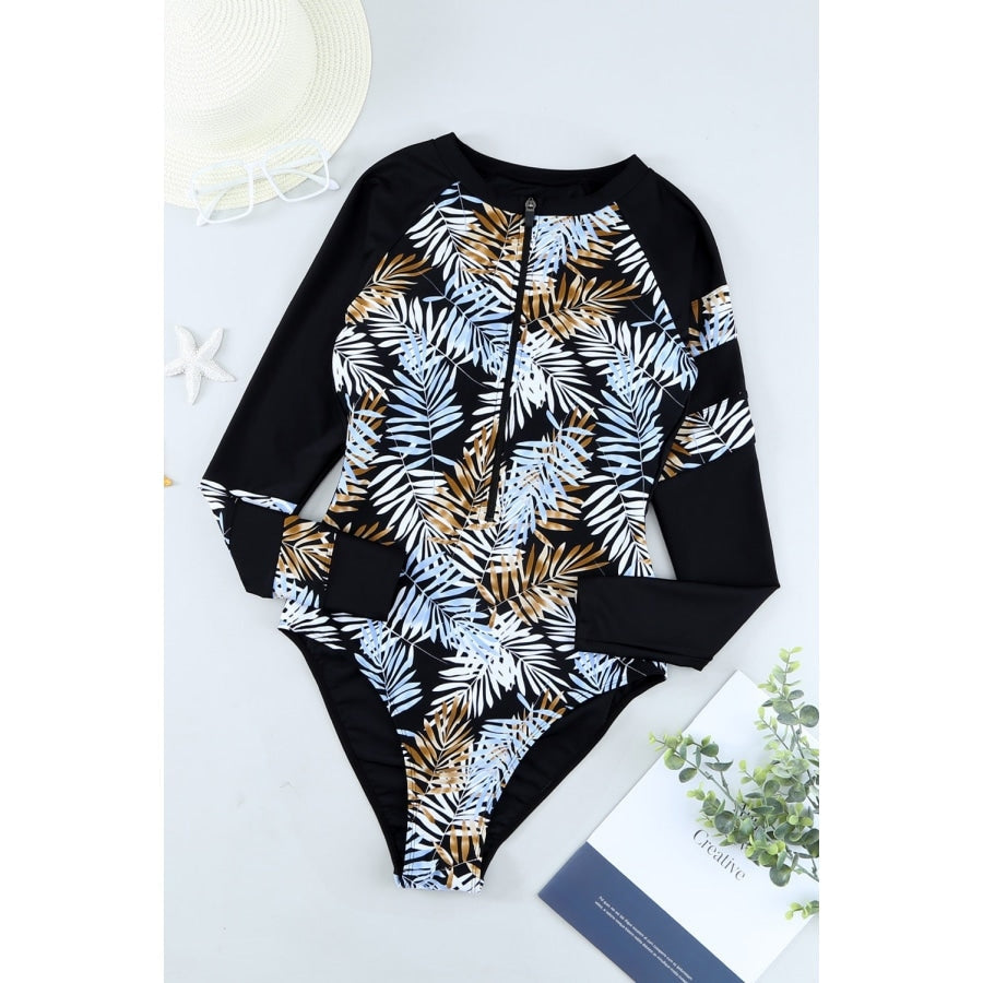 Leaves Print Zip-Up Long Sleeve Surf Rash Guard Swimwear