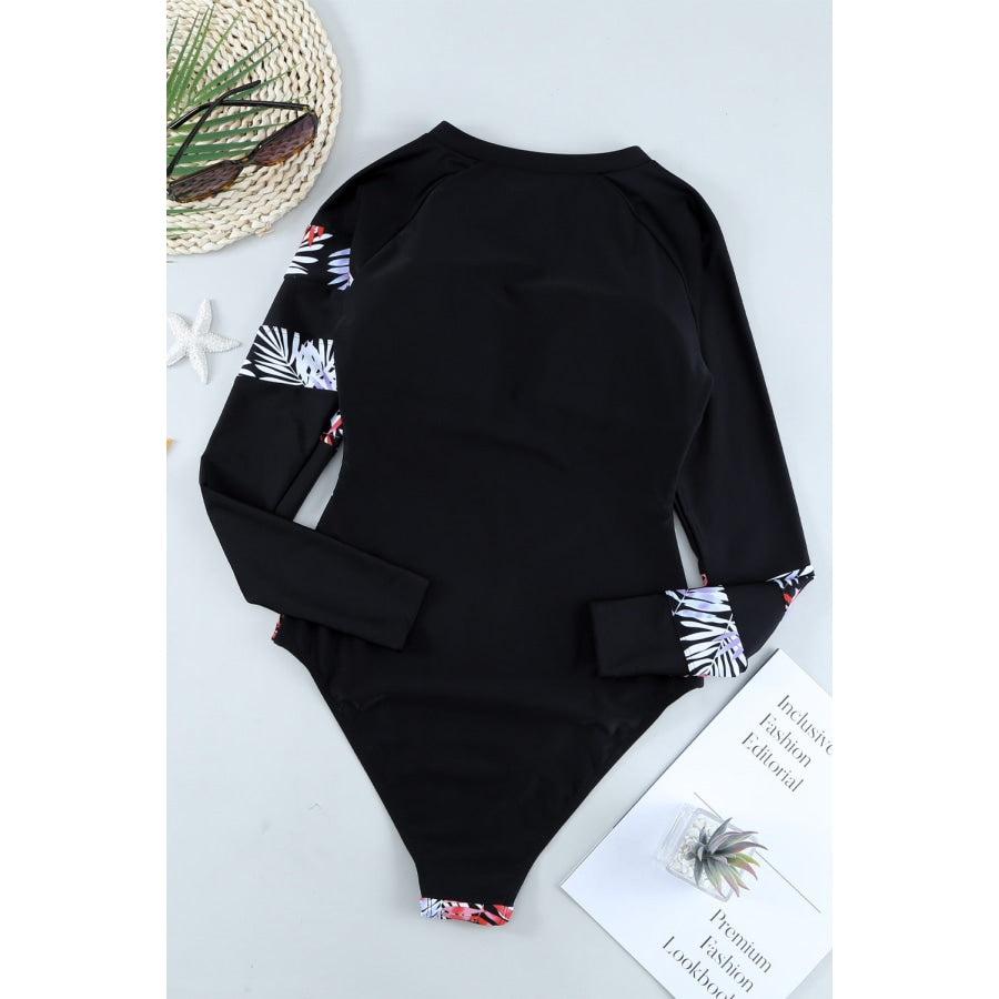 Leaves Print Zip-Up Long Sleeve Surf Rash Guard Swimwear