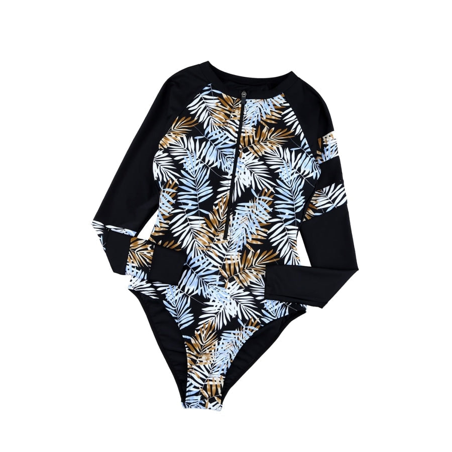 Leaves Print Zip-Up Long Sleeve Surf Rash Guard Swimwear