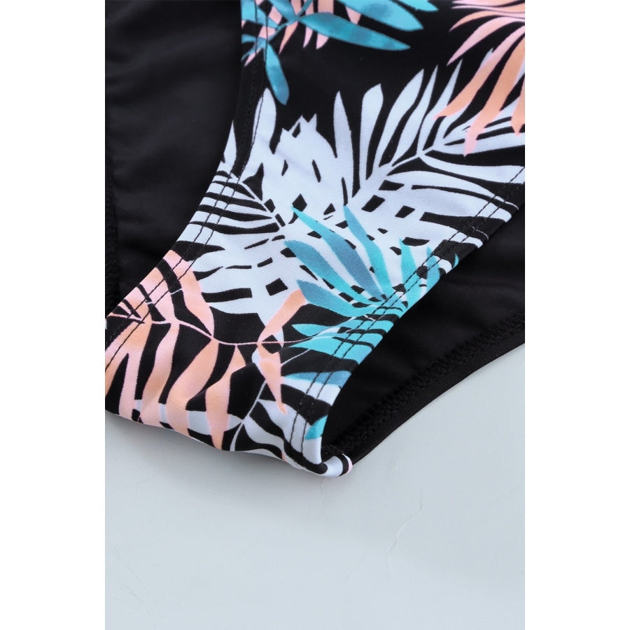 Leaves Print Zip-Up Long Sleeve Surf Rash Guard Swimwear