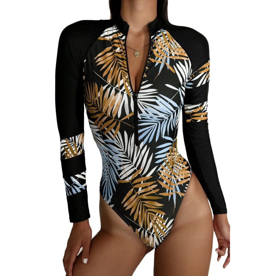 Leaves Print Zip-Up Long Sleeve Surf Rash Guard Swimwear