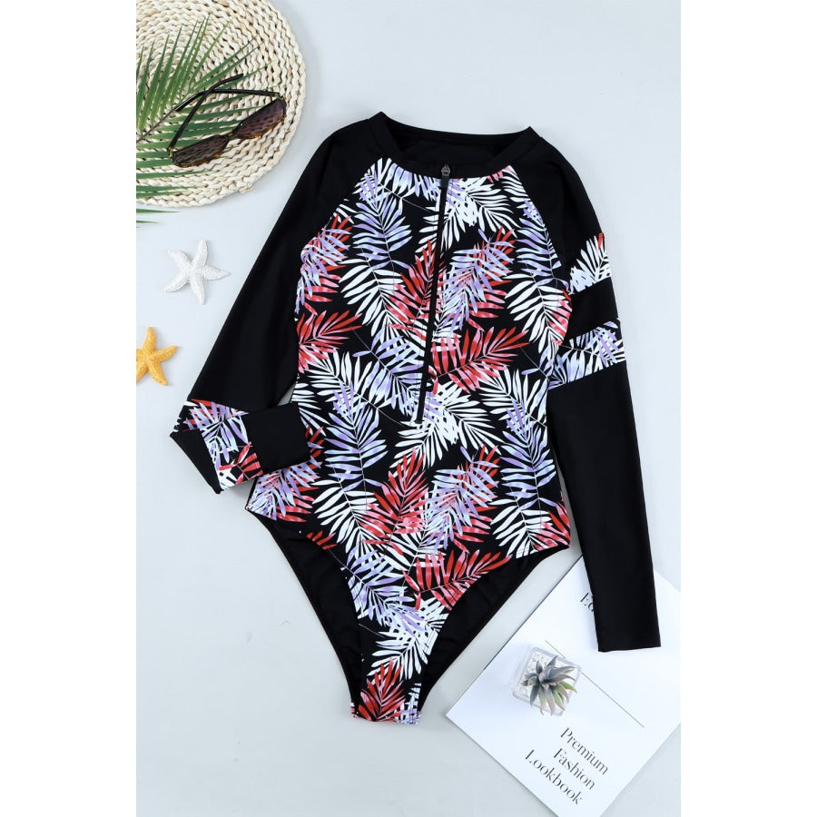 Leaves Print Zip-Up Long Sleeve Surf Rash Guard Swimwear