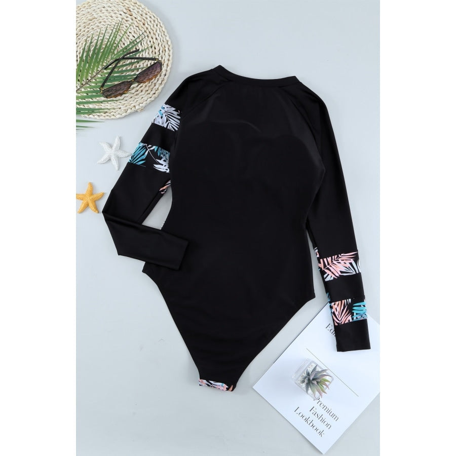 Leaves Print Zip-Up Long Sleeve Surf Rash Guard Swimwear