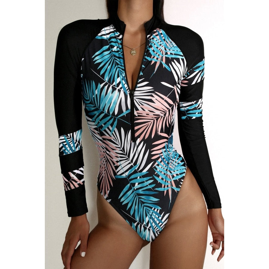 Leaves Print Zip-Up Long Sleeve Surf Rash Guard Swimwear Sky Blue / S (US 4-6)