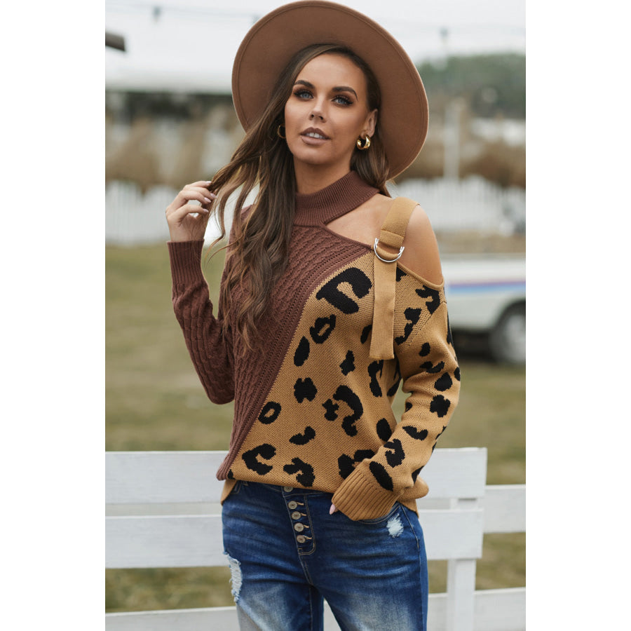 Leopard Color Block Turtleneck Sweater Brown / S