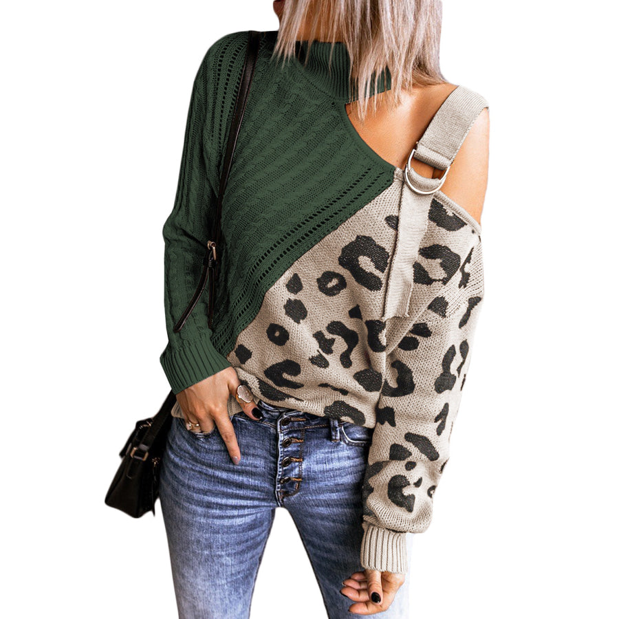 Leopard Color Block Turtleneck Sweater