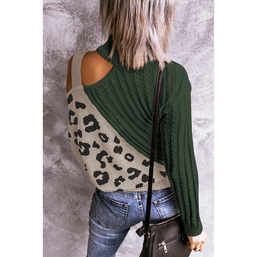 Leopard Color Block Turtleneck Sweater Green / S